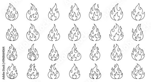 Flames line art set with black outlined fire icons, various shapes and sizes, simple illustrations featuring burning, heat, blaze with inferno and