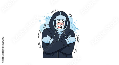 Illustration of a person shivering from extreme cold in winter clothing
