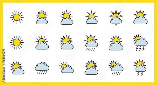 Extensive set of color-coded weather icons representing various conditions from clear sun to heavy rain and storms for digital forecasting.