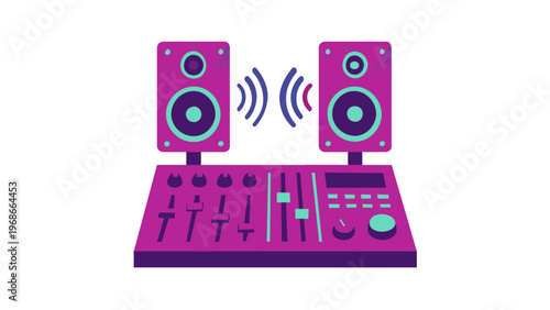Modern flat vector illustration of a professional DJ mixer soundboard with two audio speakers emitting sound waves, minimalist icon for music production, studio equipment, and entertainment.