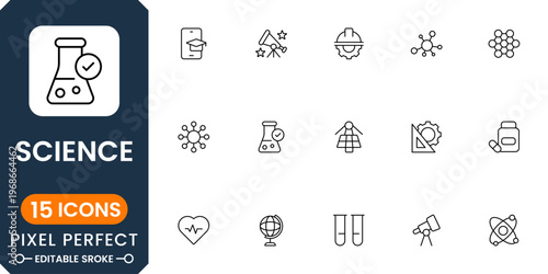 Modern science icons with lab equipment, chemistry experiments, biology research, physics tools, education and scientific innovation elements