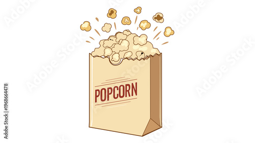 Popcorn in a brown paper bag vector illustration icon. Delicious salty snack popping out of a paper container. Perfect for cinema, movie night, theater, and food entertainment themes. AI-generated.