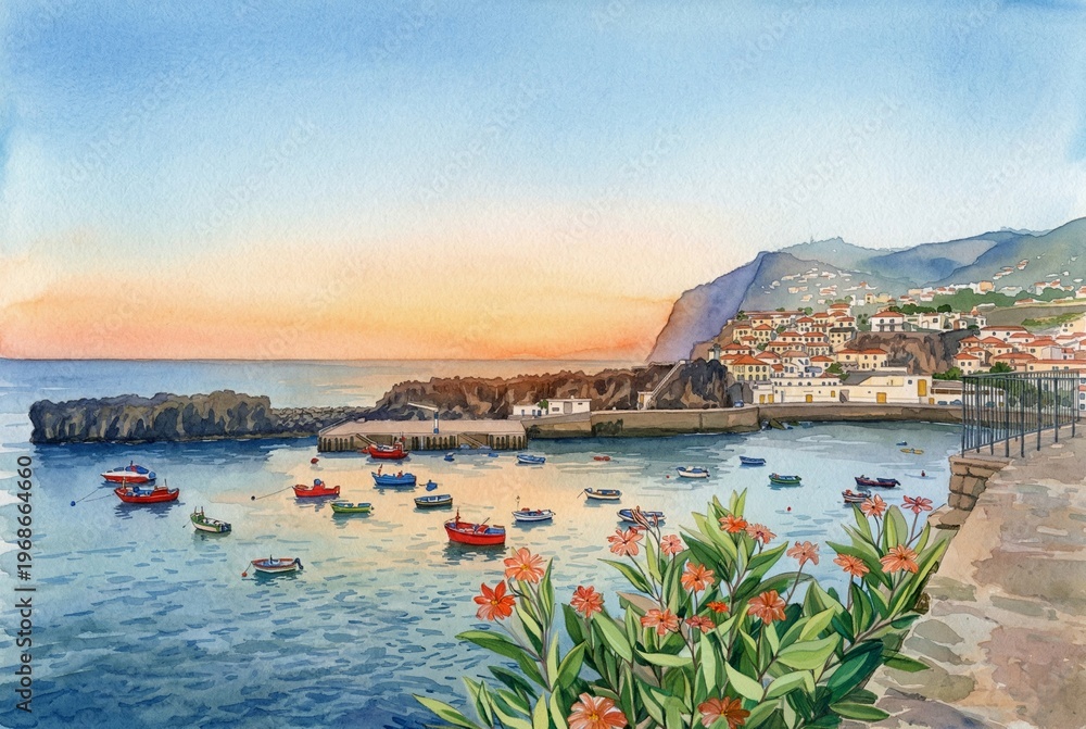 Fototapeta premium Watercolor painting of the bay in Camara de Lobos (Camara de Lobos), Madeira, Portugal. Fishing boats in the harbor at sunset with coastal cliffs and houses.