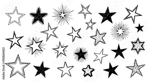 Stars doodle set with black and gray lines, various shapes, and sparkles, scattered randomly. featuring star, drawing, hand-drawn with vector and