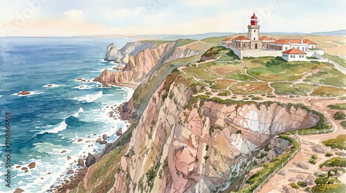 Watercolor painting of Cabo da Roca lighthouse (Farol do Cabo da Roca) on steep cliffs overlooking the Atlantic Ocean in Sintra, Portugal.
