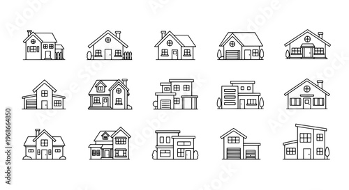 Houses line drawn set with various architectural styles and designs, simple black and white illustrations