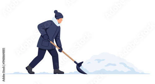 Person Shoveling Snow with Winter Clothing Flat Vector Illustration