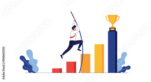 Business professional pole vaulting over rising pillars on a graph toward a golden trophy representing ambitious career goals.