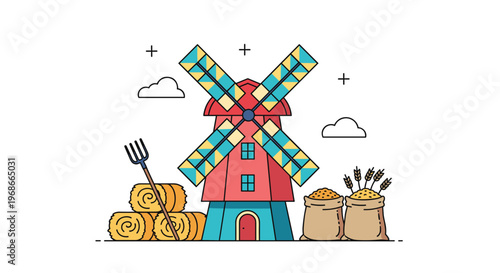 Rural farm scene featuring a traditional colorful windmill with haystacks grain sacks and a pitchfork under a cloudy sky.