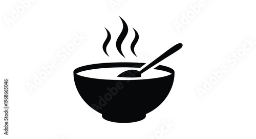 A simple black silhouette depicts a steaming bowl of soup with a spoon representing warmth and nourishment silhouette high quality professional