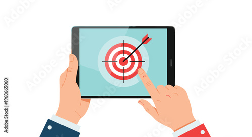 Hands holding a digital tablet with a bullseye target and arrow on the screen symbolizing goal achievement and success.