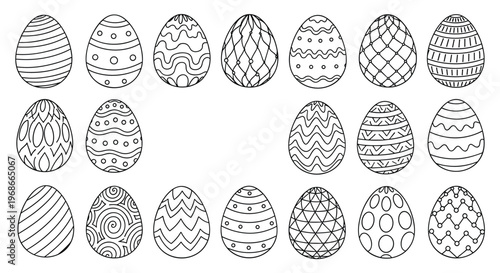 Collection of various patterned easter egg sketches in black outline for coloring book or seasonal decoration design.