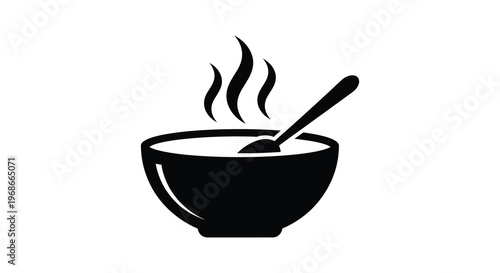 A black silhouette of a steaming bowl of soup with a spoon representing warmth and nourishment silhouette high quality professional detailed