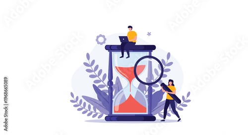 Conceptual illustration of time management with tiny people working around a large hourglass to meet deadlines and goals.