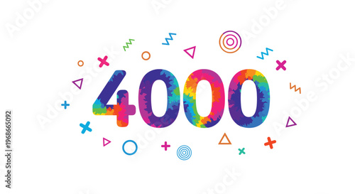 Colorful number four thousand with artistic tie dye pattern surrounded by various geometric shapes on a white background.