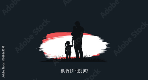 Silhouette of a loving father standing with his two children in front of a white brush stroke circle for father day.