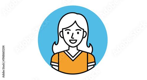 Friendly female character avatar with blonde hair and orange shirt set inside a light blue circular background.
