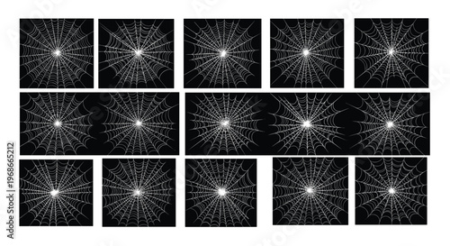 Collection of fifteen diverse spider web patterns and cobweb designs isolated on black square backgrounds for decoration.