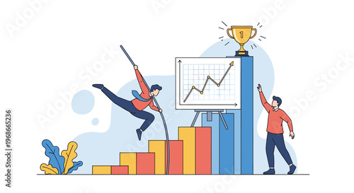 Business growth and achievement concept with a man pole vaulting on a bar chart to reach a golden trophy.
