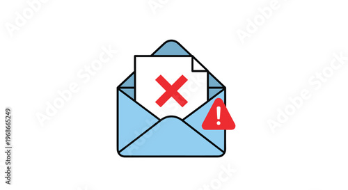 Email security and spam warning concept featuring an open envelope with a red cross mark and alert icon.