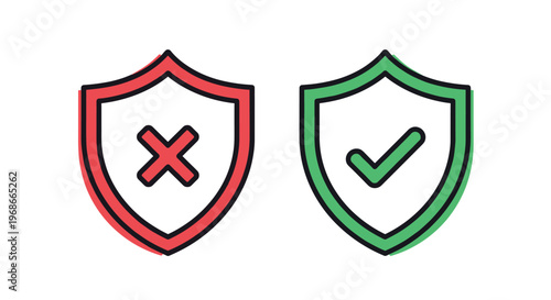 Security concept featuring two shields one red with a cross for danger and one green with a checkmark for safety.