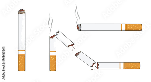Anti-smoking conceptual illustration featuring broken cigarettes and smoke trails on a clean white background for health awareness campaign.