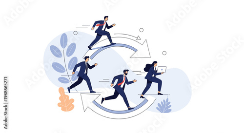Teamwork illustration of business professionals running in a continuous cycle representing repetitive tasks or agile workflow in corporate life.
