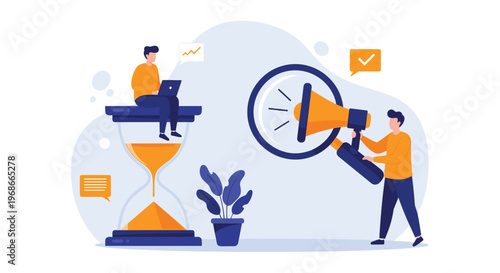 Business strategy concept illustration showing professionals managing time and marketing with a large hourglass and megaphone for productivity.