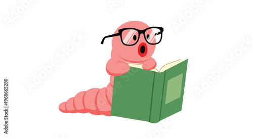 Adorable cartoon bookworm character wearing black glasses and reading an open green book on a white background for educational mascot use.