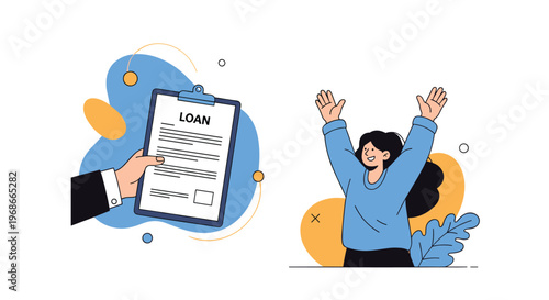Loan approval celebration concept with a hand holding a signed document and a happy woman cheering with joy.