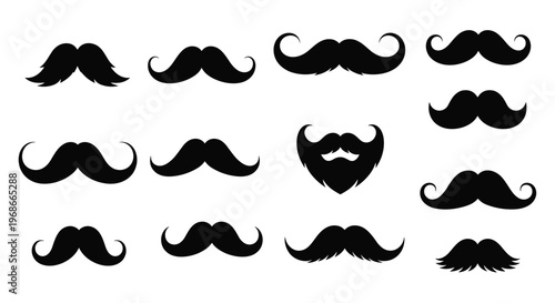 Extensive collection of various black mustache silhouettes showing different styles from classic to quirky on a white background for barber shops.