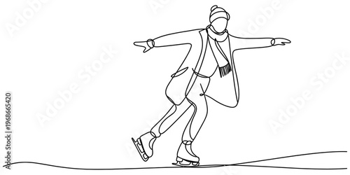 A continuous line drawing of a person wearing winter clothes while ice skating on a frozen pond.