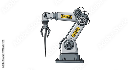 High precision industrial robotic arm with a needle attachment and caution markings for delicate assembly and high tech lab experiments.
