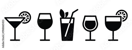 Cocktails Icons Alcoholic Beverage Martini Whiskey Wine Pub Bar Vector