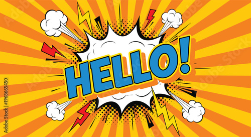 Vibrant comic book style word HELLO in a dynamic speech bubble with lightning bolts on a yellow sunburst background for greeting and banners.