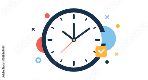 Stylized wall clock with colorful abstract circles and a checkmark representing being on-time and meeting project deadlines efficiently.