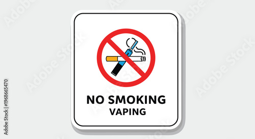 Official no smoking and no vaping prohibition sign with a red cancel circle and black text on a white board for public health and safety.