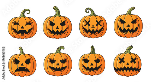 Large collection of eight orange halloween jack o lantern pumpkins with various spooky and funny facial expressions.