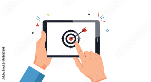 Hands holding a tablet and hitting the bullseye of a target on the screen for business success and accuracy.