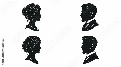 Four black silhouettes of elegant Victorian or Edwardian era men and women in profile against a white background.
