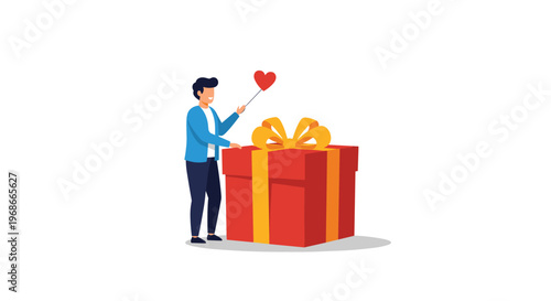 Cheerful man holding a small red heart standing next to a giant gift box with a yellow bow for celebration.