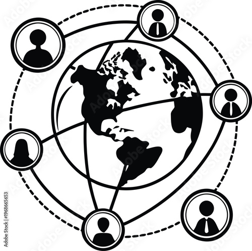 Global business network icon, world map with connected people avatars, international communication and social media community vector illustration