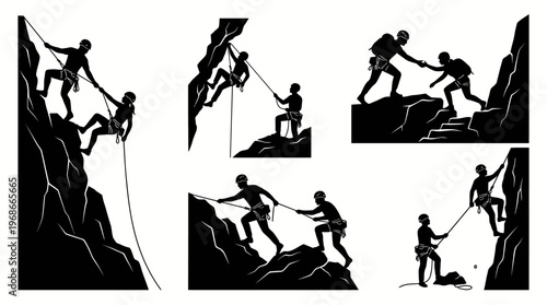 Silhouettes of rock climbers and mountaineers demonstrating teamwork and adventure in various climbing scenarios.