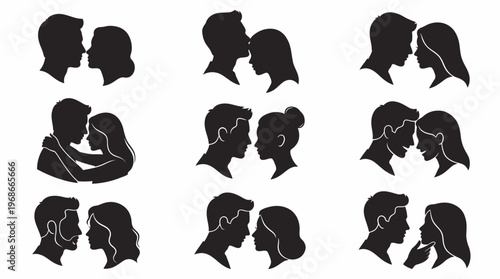 Collection of black silhouette illustrations depicting couples in various romantic and affectionate poses.