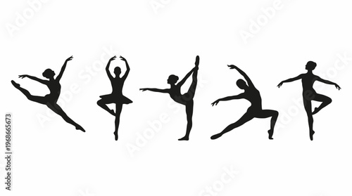 Silhouettes of five female dancers performing various ballet and contemporary dance poses on a white background, showcasing grace and flexibility.