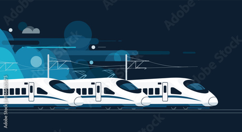 Three modern high speed express trains traveling through the night with abstract blue cloud graphics behind them.