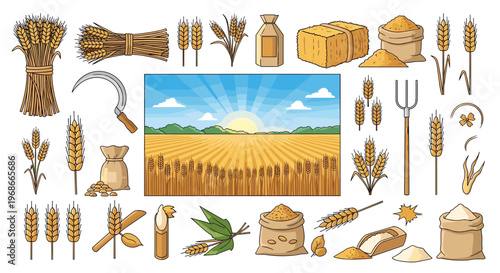 Large collection of wheat stalks, farm tools, and a golden field landscape for agricultural and bakery themes.
