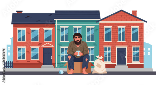 Poor homeless man with a cup sitting on a box in front of a row of colorful urban houses for social awareness.