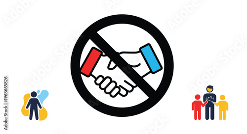 Concept of social distancing and avoiding physical contact illustrated by a handshake with a prohibition sign and people icons.