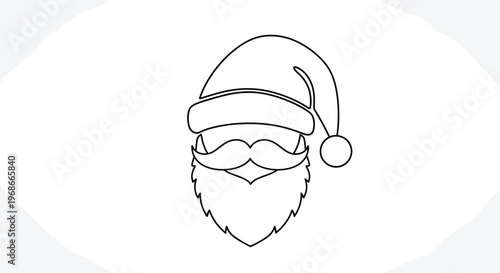 Simple black line drawing of Santa Claus face featuring his iconic hat, mustache, and bushy beard on a clean white background for coloring.